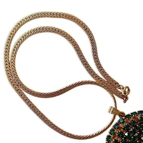 Green Rhinestone Encrusted Necklace Disc Pendant Circle Emerald Gold Tone Vtg - Picture 5 of 16